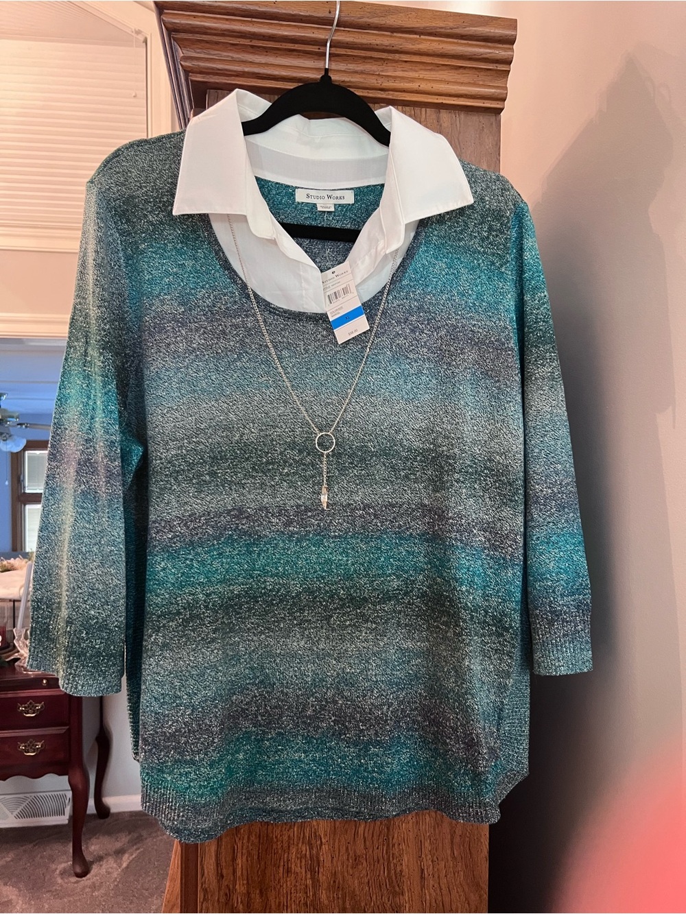 Studio Works NWT Women’s XL Teal Charcoal Marled Knit Top White Collar Necklace